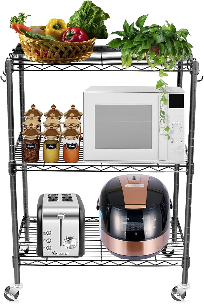 WDT 3-Tier Storage Shelves, Heavy Duty Metal Shelves Wire Rack Shelving Unit, Adjustable Shelf with Wheels for Home Office Garage Kitchen Bathroom,23.4" Wx13.6 Dx32.5 H