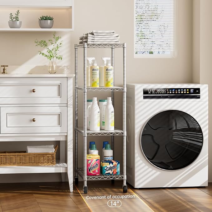 Golpart Shelves Storage Shelf Wire Closet Bathroom Organizers Metal Pantry | 4 tier Kitchen Garage Shelving Unit Laundry Room Organization Home Rack Net Basket White with Wheels 14”D X 24”W X 48.9”H