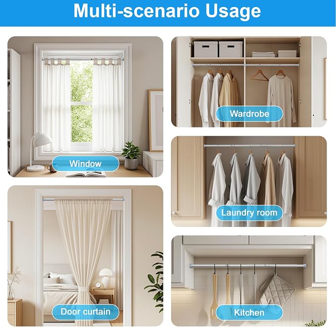 MEXAU 1 Pack Silver Spring Tension Curtain Rods 18-37 Inch,Adjustable Tension Rods Shower Curtain Rod No Drilling for Window, Bathroom, Closet, Room Divider, 7/8" Diameter