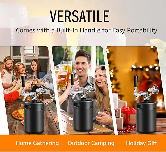 Mini Keg Growler Tap System, 64OZ Pressurized Stainless Steel Beer Keg, Durable Beer Dispenser System with CO2 Regulator & Self-Closing Faucet, Portable Beer Growler to Keep Fresh for Homebrew
