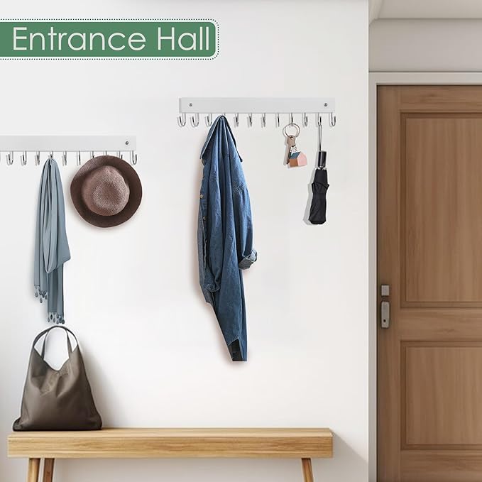 2 Pack Purse Organizer Wall Mount with 24 Rotating 180° Coat Rack, 14.6" Wooden Entryway Purse Holder, Wall Hooks for Hanging Belts, Ties, Keys, Scarf, Bras, Bag, Space Saving Hanger (White)