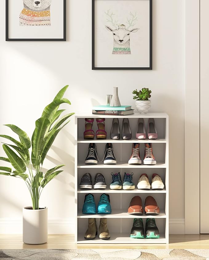 HAIOOU 5 Tier White Shoe Rack with One Movable Storage Shelf, 24 Inches | Stackable Wooden Shoe Organizer Freestanding shoe stand, Holds 10-15 Pairs, Fits Entryways, Closets, Dorms, Apartments