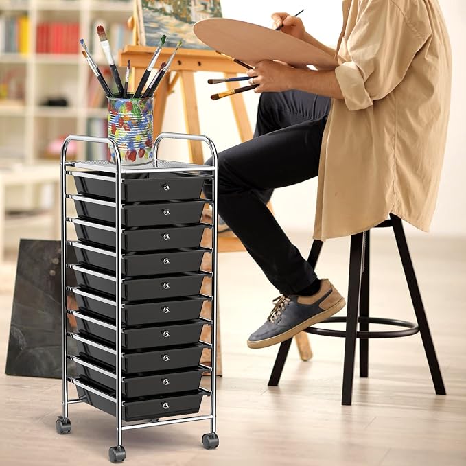 COSTWAY 10-Drawer Rolling Storage Cart, Utility Mobile Trolley | Removable Drawers & Universal Casters & 2 Brakes, Versatile Flexible Drawer Organizer Cart for Home, Office (Black)