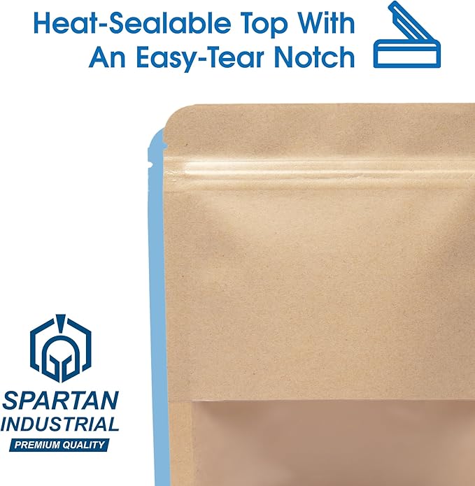 Spartan Industrial - 3.5" X 5.5" Kraft Resealable Stand-Up Pouches - Pack of 100 Small Storage Bags for Smell-Proof Food Storage and Packaging, Pet Treats, Cosmetics, and More