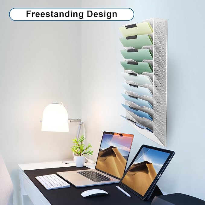 EASEPRES 10 Pocket Mesh Hanging Wall File Organizer, Wall Mounted Mail Paper Document Folder Holder, Clipboard Storage Organization Magazine Rack with Nametag Label for Office Home School, White