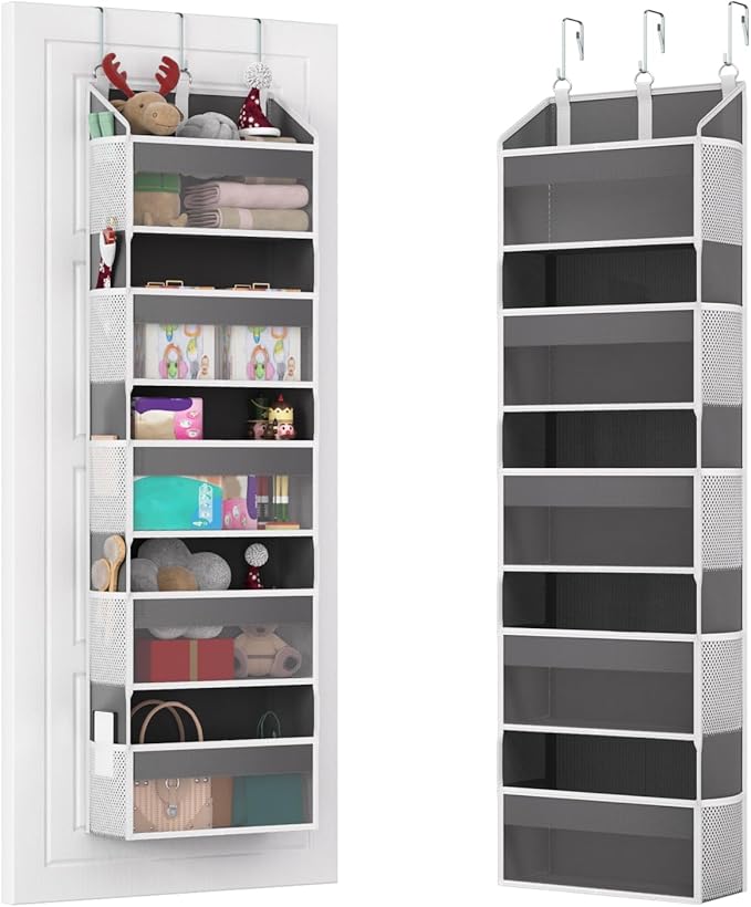 Over the Door Organizer with 5 Front & 10 Mesh Side Pockets, 50LB Capacity Extra Large Hanging Storage Organizer Multi-Room Space-Saving Design with 3 Hook for Closet, Bathroom, Kitchen, Pantry, Grey