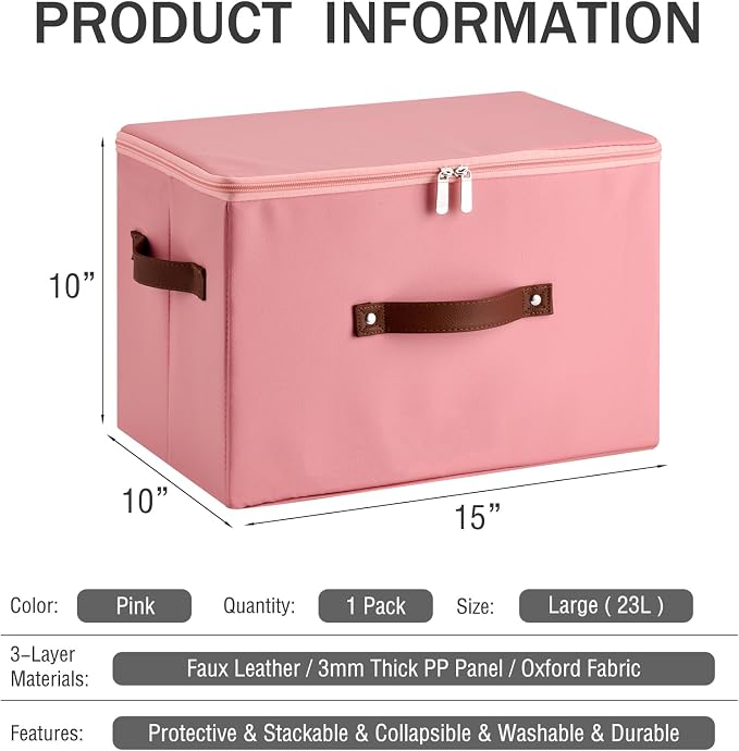 Storage Bin Box with Zippered Lid Decorative PU Leather Basket | Foldable Washable Stackable Clothing Container, Lidded Shelf Closet Organizer, with Handles & PP Plastic Boards, Pink-Large