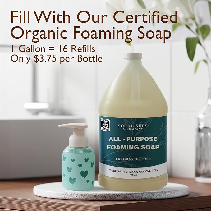 SoCal Suds & Company Foaming Hand Soap Dispenser Glass, Liquid Soap Pump with Heart Silicone Sleeve, Refillable Bottle for Kids, Baby Wash & Shampoo, Ideal for Bathroom & Kitchen Use, Sea Glass, 8oz