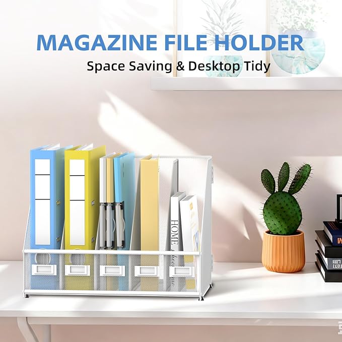 5 Vertical Compartments Magazine File Holder, Metal Binder Organizer, White | Space-Saving Desktop Storage, Built-In Label Holders, Anti-Slip Feet, Sized for Binders, Folders, Magazines and Files