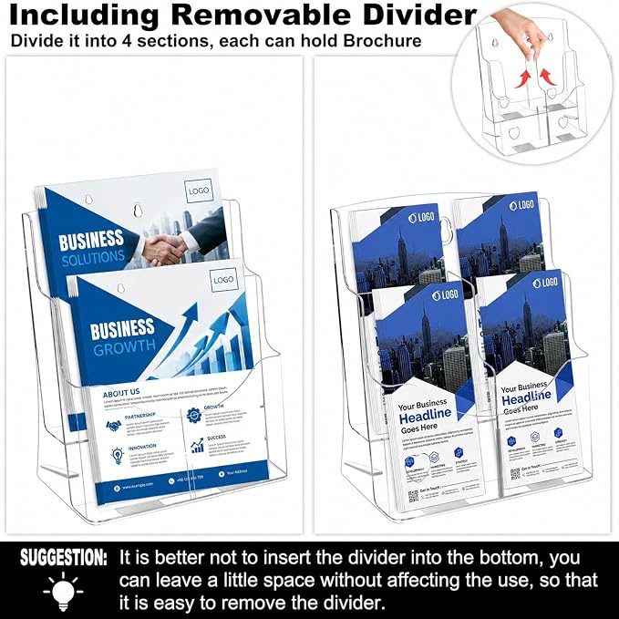 2 Pack Acrylic Brochure Holder 8.5 x 11, 2 Tier Brochure Display Stand with Removable Divider for 4 x 9 inches Trifold Pamphlets, acrylic flyer holder 8.5 x 11 Stands for Flyer, Pamphlet, Magazine