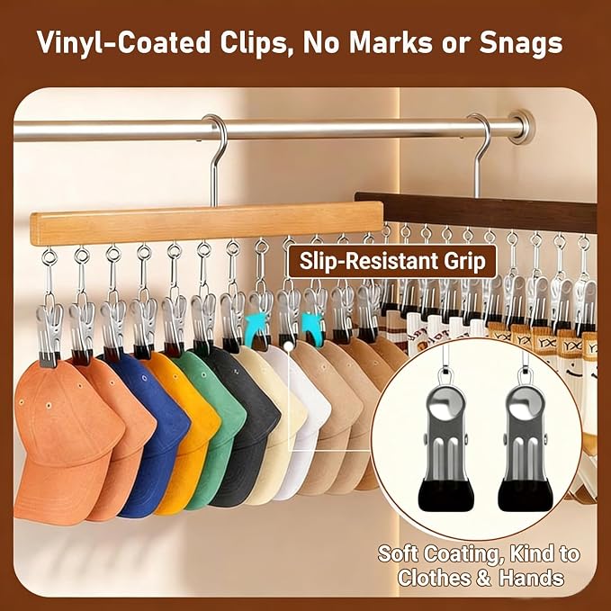 Closet Organizer with 12 Clips, Space Saving Hanging Closet Storage for Hats, Scarves, Jeans, Skirts, Socks, Pants, Multi-Purpose Clip Hanger(Vintage TypeA*2)