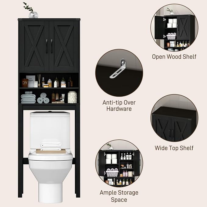 Vabches Over The Toilet Storage Cabinet, Bathroom Organizer with 2 Barn Doors, Farmhouse Space-Saving Toilet Rack with Adjustable Shelf,for Bathroom, Toilet, Laundry Room,Black