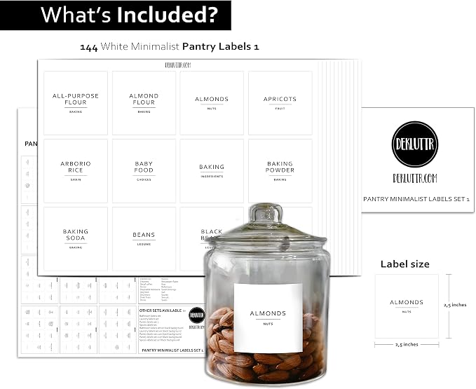 Pantry Labels - Waterproof Minimalist Preprinted Canister Labels for Food Containers - Plastic and Glass - White Vinyl - Set of 1