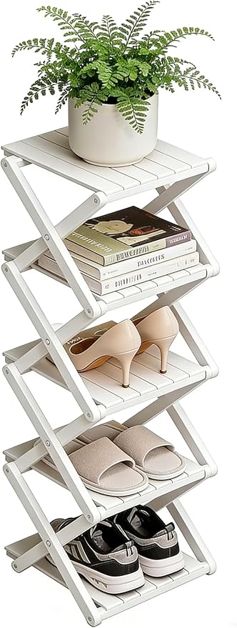 Bamboo Shoe Rack - No Assembly Required, Tall Narrow Foldable Shoe Organizer, Space-Saving Multifunctional Shelf for Entryways, Corners, Bedrooms, Balconies, 5 Layer White (Reinforced And Thickened )