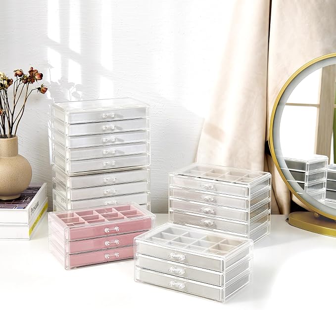 ProCase Earring Holder Organizer Jewelry Box with 5 Drawers, Acrylic Clear Earring Case with Adjustable Velvet Trays for Women - Warmwhite,5 Layers