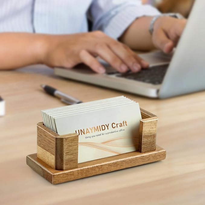Business Card Holder for Desk, Acacia Wood Desktop Name Card Display Stand & Office Desk Accessories for Office Home Tabletop Exhibition