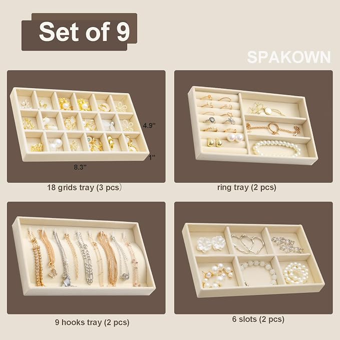 SPAKOWN Jewelry Trays Organizer for Drawer, 9 Set of Small Jewelry Display Case Storage Velvet Stackable Drawer Inserts Organizer for Necklaces Bracelets Earrings Rings (Beige)