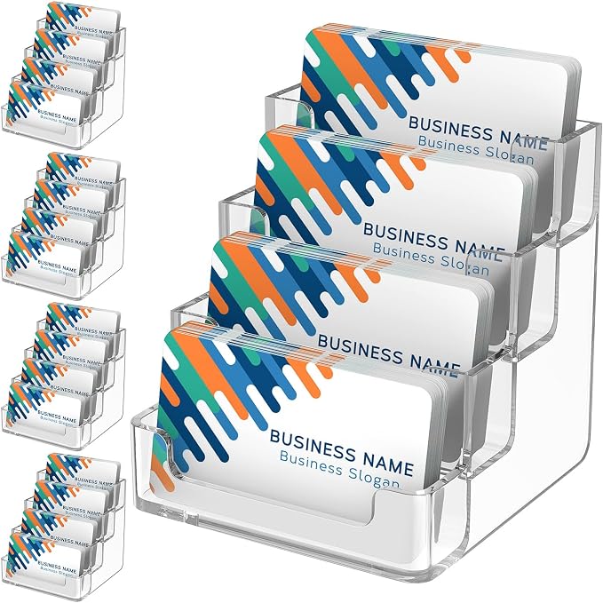 MaxGear Acrylic Business Card Holder, 320 Cards Capacity, 4 Pocket, 4 Pack | Clear Business Card Stand for Desk with 4 Tier, Clear Plastic Cards Display Holder for Exhibition, Home and Office