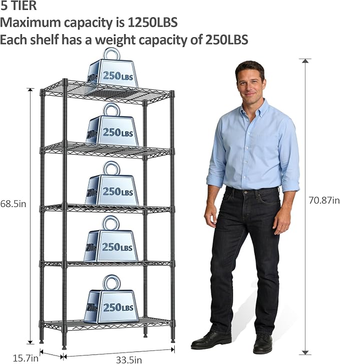 1250 LBS Storage Shelving Unit, Black Wire Rack Shelf for Garage & Kitchen | 5 Tier Metal Shelving Storage Rack, 13.7" D x 23.6" W x 63" H Adjustable Shelving Unit for Pantry, Laundry, Home Organization