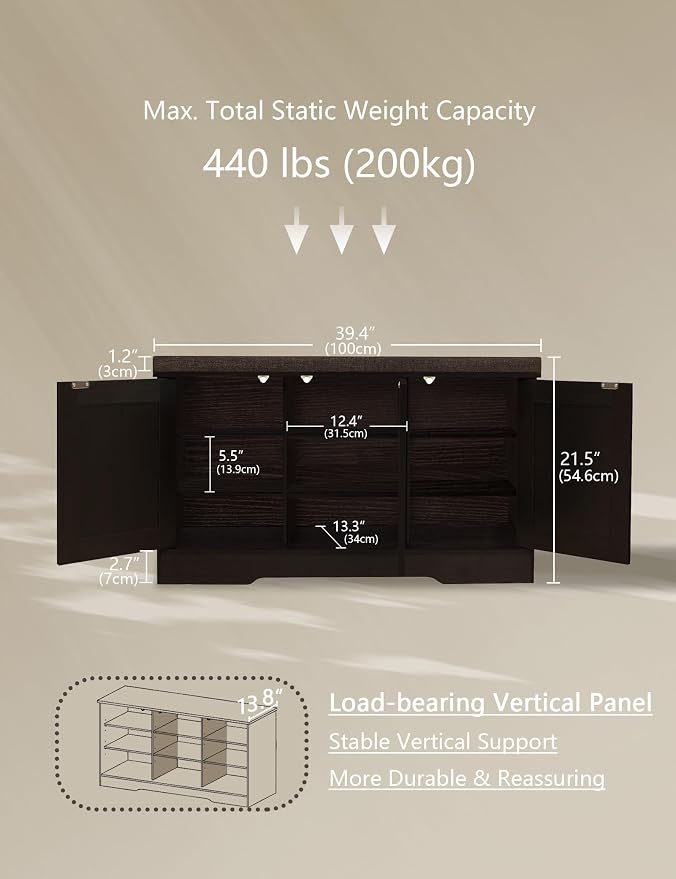 DINZI LVJ Shoe Bench, Entryway Storage Bench with Doors, Cushion, 3-Tier Shoe Rack with 9-Cubby, 39.4" L x 13.8" W Shoe Organizer Cabinet, Fully Adjustable Shelves, Living Room, Bedroom, Espresso