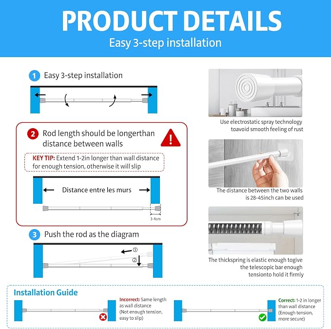 1 Pack Spring Tension Rods 28-45 Inches, 5/8 Inch Diameter White No Drill Spring Loaded Adjustable Extendable, Small Short Tension Curtain Rod for Windows Kitchen Doorway Closet Cupboard