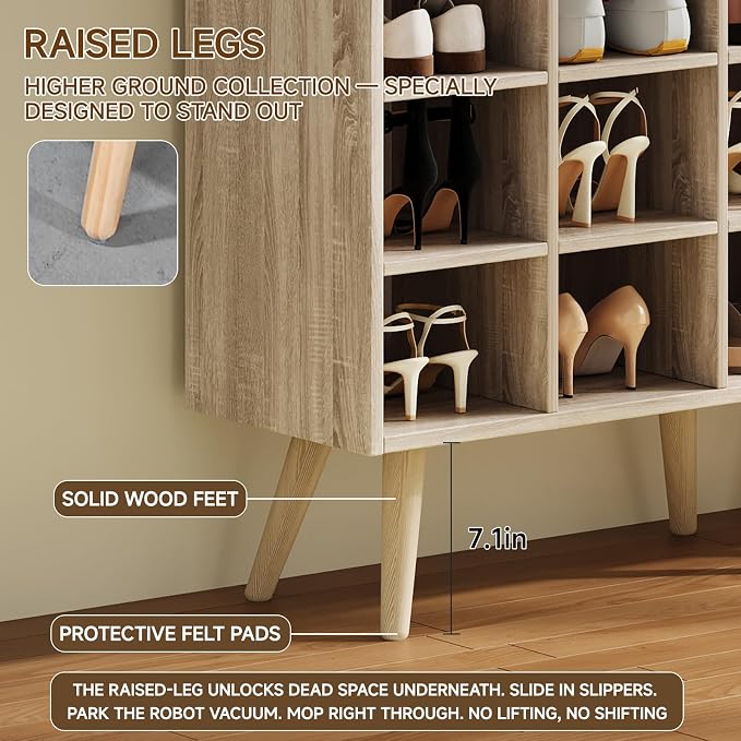5 Tiers Shoe Cubby, Shoe Storage Cabinet with 9 Cubbies, Wooden Shoe Rack Organizer with 2 Shelves and Legs, 10-15 Pairs, Freestanding Cubby Shoe Rack for Closet, Entryway, Bedroom, Natural