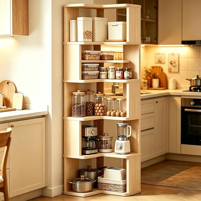 Tall Corner Bookshelf, 6 Tier Corner Book Shelf Etagere Bookcase with Baffle, Freestanding L Shaped Display Shelf Stand for Home Office, Living Room, Bedroom, Brown