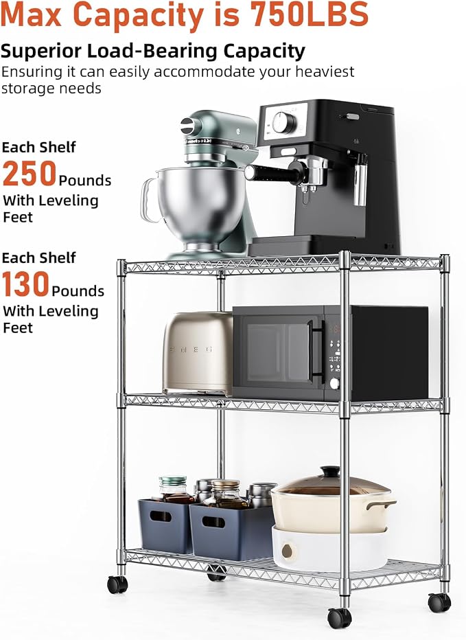 HealSmart 3-Tier Heavy Duty Storage Shelves 750Lb Capacity, 24.02" D x 13.78" W x 29.92" H Adjustable Shelving Unit with Wheels, Chrome