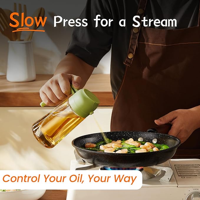 TrendPlain 16oz/470ml Glass Olive Oil Sprayer for Cooking – 2 in 1 Olive Oil Dispenser Bottle for Kitchen Gadgets and Air Fryer Accessories, Salad, BBQ - Green