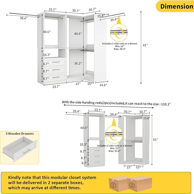 Corner Closet System with 3 Drawers, Closet Organizer,2 Sets,White | 5 Hanging Rods, Heavy Duty Walk in Wooden Modular Storage System, Custom L-Shaped U -Shaped Freestanding 1400+ Lbs Capacity