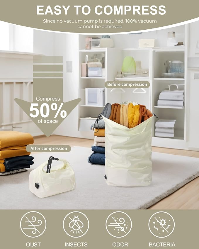 Travel Compression Laundry Bag, Pump-Free Vacuum Space Saver Bag for Dirty Clothes, Reusable Waterproof Wet Dry Bag, Travel Laundry Bag for Luggage, Packing, Suitcase (1 Pcs)（White, M)
