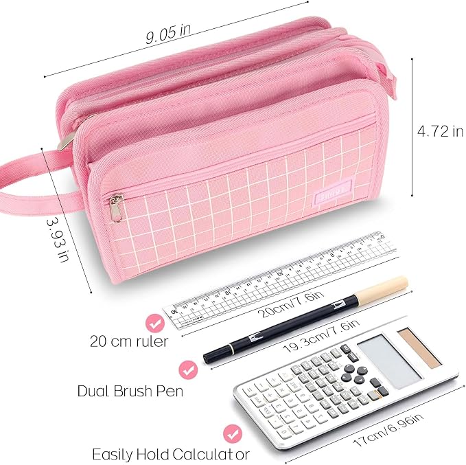 Sooez Large Pencil Case, Big Capacity Pencil Pouch Pen Bag with 3 Compartment, Portable Canvas Stationery Organizer with Zipper, Cute Aesthetic School Supplies for Teen Girls College, Pure Pink