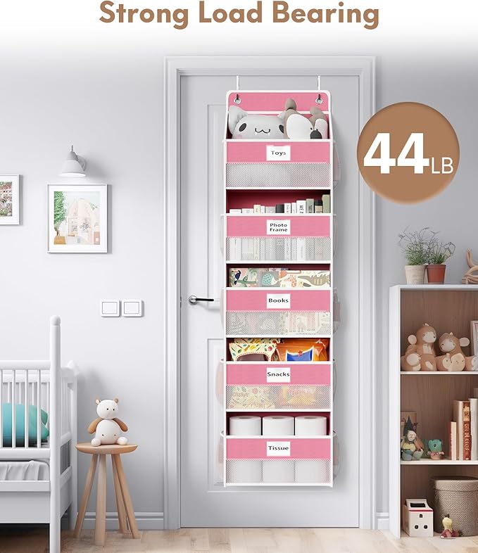 Optish Over The Door Organizer Hanging, 5 Shelf Behind The Doors Storage, Pantry Door Organizer, Closet Organizers for Bedroom and Nursery (Pink)