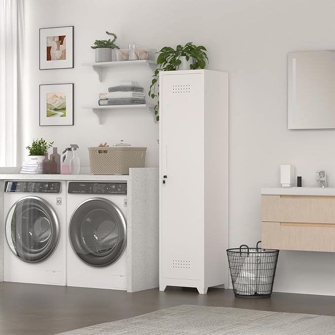 Slim Broom Storage Cabinets, Metal Cabinet with Shelves and Hanging Rod, 15.75" W Utility Storage Cabinet with Locking Door, Slim Cabinet for Small Spaces, Kitchen, Pantry, Office, Shop