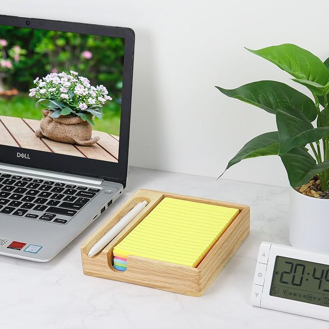 Buqoo Rubberwood Sticky Note Holder with Pen Slot 4x6 Memo Pad | Rubberwood sticky note holder with pen slot, fits 4x6 memo pads and features U-shaped opening for easy access