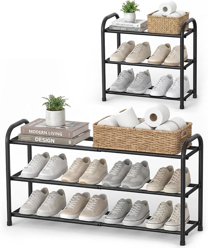 Gonfoam Expandable 3-Tier Shoe Rack for Closet and Entryway, Black | Tool-Free Assembly, Metal Material, Adjustable Shoe Organizer, Sturdy, Small Space Solution, Dorms, Garages, Apartments.