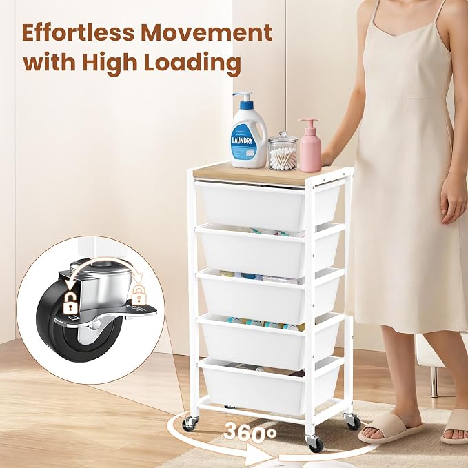 Rolling Cart with 5 Drawers, Plastic Drawer Storage Carts with Wheels & Wooden Tabletop, Metal Utility Cart for Office Bedroom Living Room Classroom, Craft Organization and Storage, White
