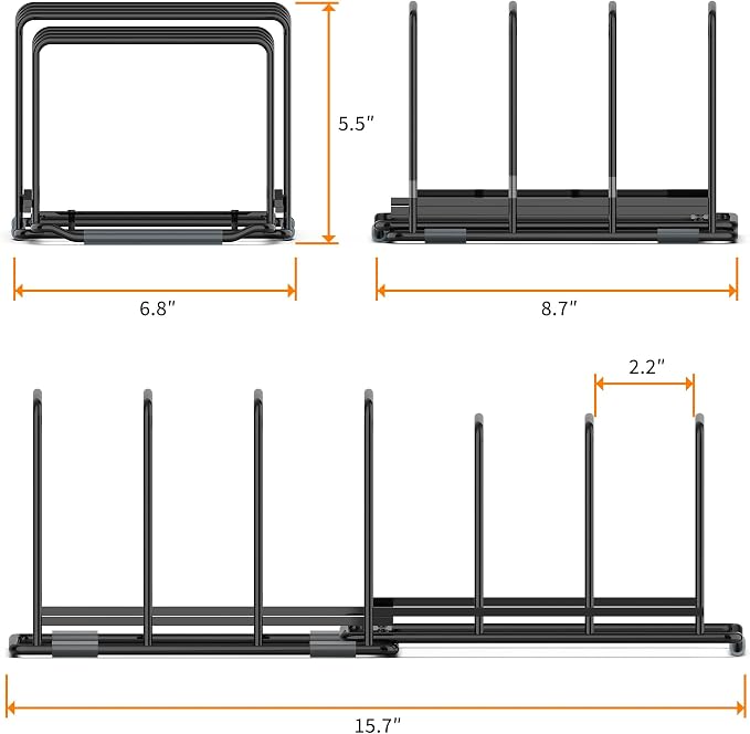 Adjustable 2.2in Pan Organizer Rack - for Pots,Pans,Cutting Boards,Cookie Sheets & Muffin Pans with 6 Slots,Non-Slip-8.7 * 6.8 * 5.5 inch