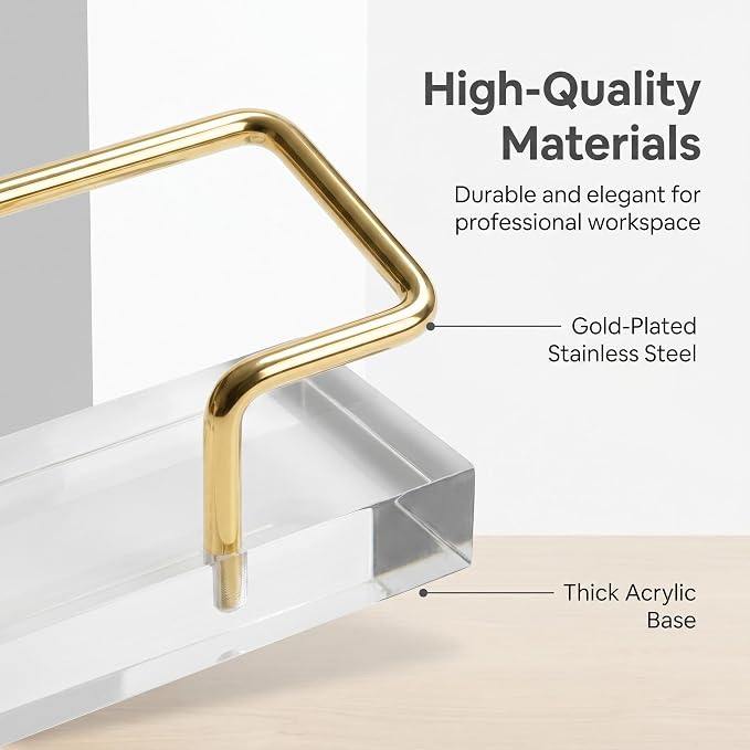 Desktop Business Card Holder, Clear Transparent Base with Gold Plated Metal Stand, Non-slip Business Cards Display Organizer for Office Reception Desk Workspace Clear