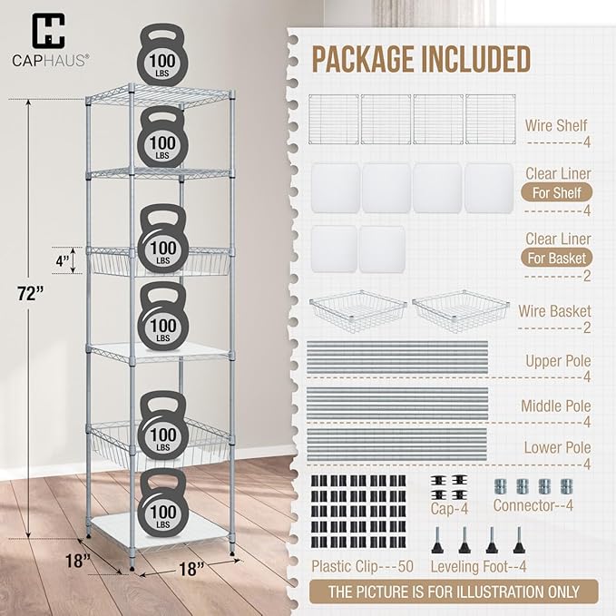 Fencer Wire NSF 6 Tier Wire Shelving Unit w/Baskets & Liner, Storage Rack Kitchen, Bathroom, Laundry Closet, Wire Shelving Basket Shelves, Storage Rack Corner Shelves, Silver Grey