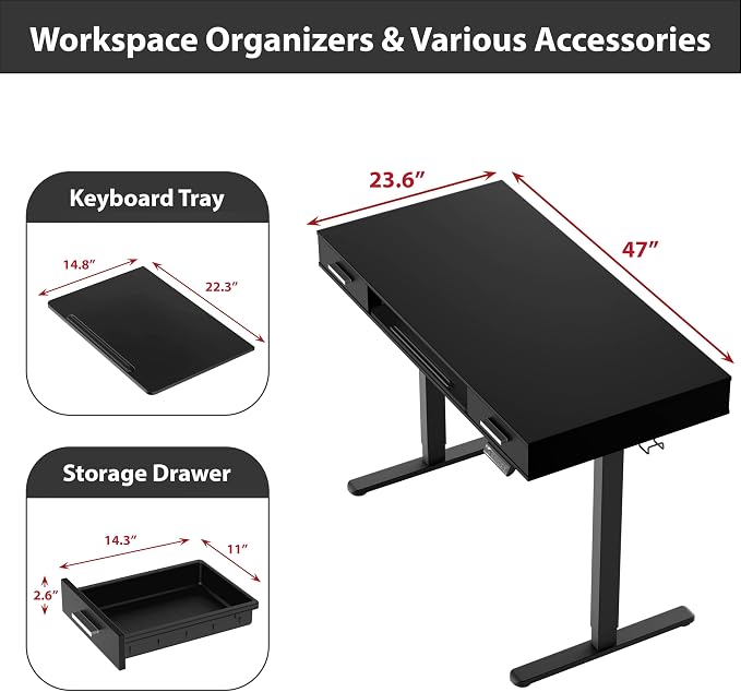 SHW 48-Inch Electric Height Adjustable Desk w/Keyboard Tray, Black | w/ 2 Drawers | Memory Presets and Cable Management | Hanging Hooks