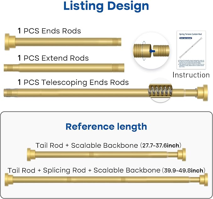 Tension Rods for Windows 28 to 48 Inch 2Pack Spring Curtain Rods No Drilling Gold Tension Rod Adjustable Curtain Rods Expandable Pressure Spring Tension Rod for Closet