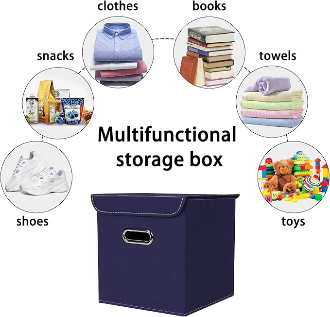 Closet Organizers Fabric Storage Bins With Lids Collapsible Cube Storages Organizer Basket With Handles,Storage Boxes for Clothes Storage,Office,Toys,3 Pack,（Navy Blue