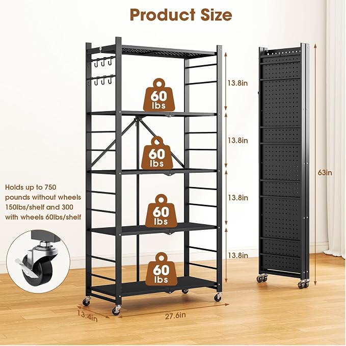 Fenbeli Foldable Shelves with Wheels - 5 Tier Folding Shelf, Collapsible No Assembly Metal Shelving Unit, Origami Storage Shelves & Rolling Storage Rack with 8 Hooks for Kitchen Pantry Garage