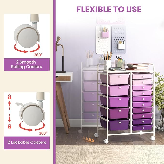LUARANE Rolling Cart with 15 Drawers, Craft Storage Cart with Portable Handles & Lockable Wheels, Mobile Toys Organizer, Large Capacity Utility Drawer Cart Home Office School Teacher (Gradient Purple)