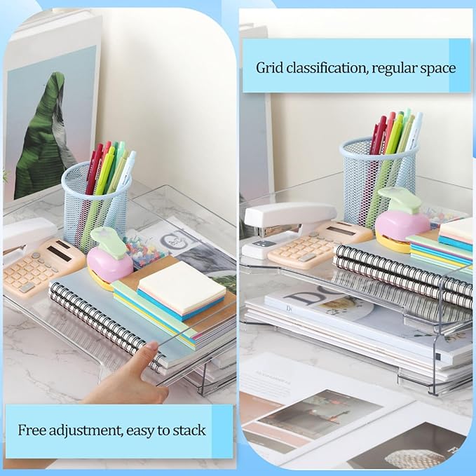 DoubleFill 2 Pcs Stackable Letter Tray Rectangular Plastic Desk Organizer 13 x 9.5 x 2.6 in Paper Holder File Tray Accessories Rack for Desktop Office Desk Drawers (Clear)