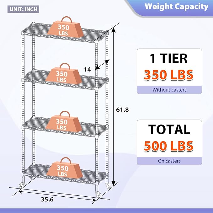 FDW 4-Tier Wire Shelving Storage Shelves Adjustable NSF Wire Shelf Heavy Duty Storage Shelving Unit on 3” Wheel Casters Commercial Metal Wire Rack 36L x 14W x 62H,Chrome