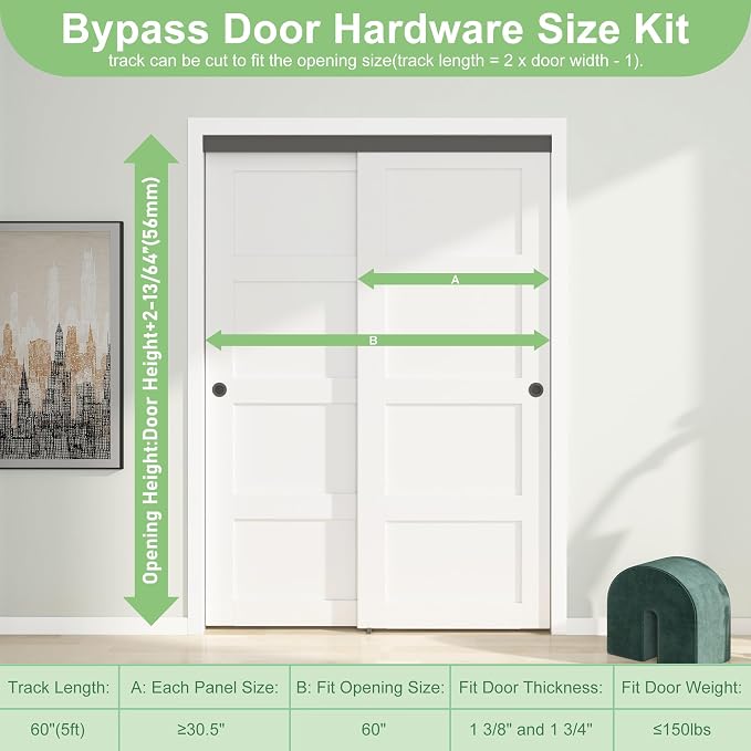 5FT/60(Double 2.5FT) Bypass Door Hardware, Aluminum Double-Closing Sliding Closet Door Hardware with Finger Pull Included, Smoothly and Quietly, Fit Door Thickness 1 3/8" or 1 3/4", Black