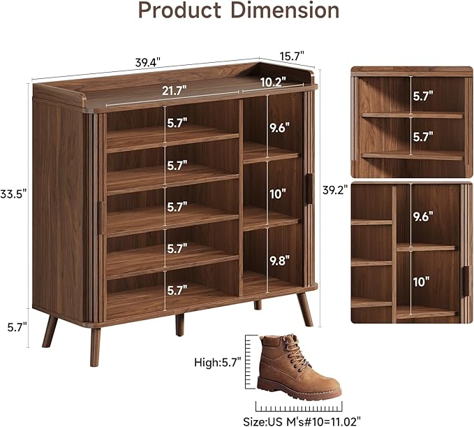 Shoe Cabinet with Sliding Door, 5-Tier Hidden Shoe Rack with Adjustable Shelves, Wooden Shoe Storage Organizer with Open Bottom Space, Freestanding Shoe Shelf for Entryway Hallway Apartment, (Walnut)
