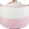 OIAHOMY 115L Extra Large Blanket Basket for Living Room, 23.6" x 15.4" Woven Cotton Rope Laundry Basket for Organizing Pillows, Decorative Stuffed Animal Toy Storage for Nursery, White and Pink